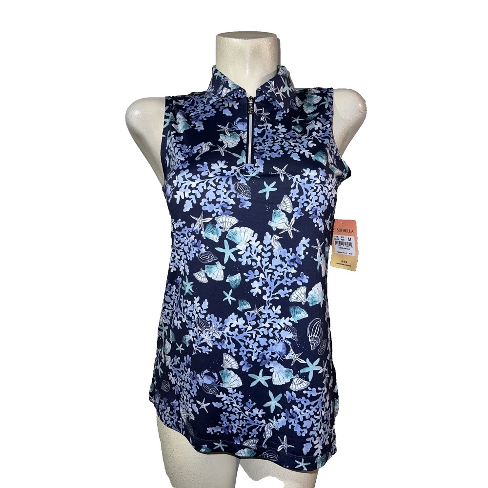 Sofibella Womens Sleeveless Golf Polo Shirt Blue Coral Reef Print 9013 AQM New M